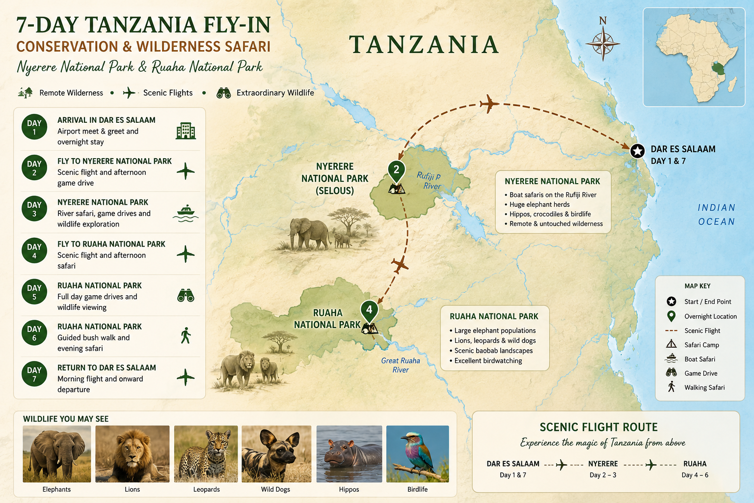 7-Day Tanzania Fly-In Conservation & Wilderness Safari